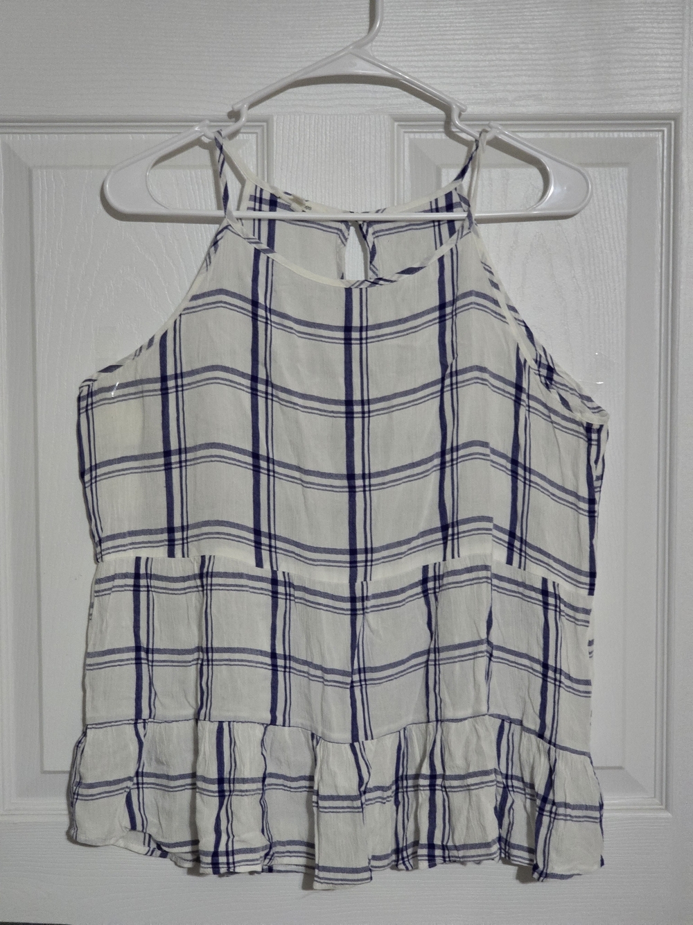 Maurices White Tank Top with Navy Plaid and Ruffle Hem